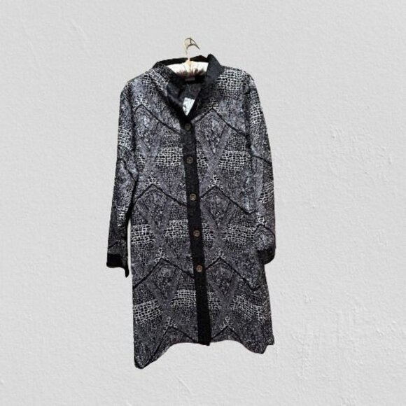 New Rossi Roma Womens Large Black White Crinkle Shirt Dress Jacket Button-Front - Picture 1 of 11